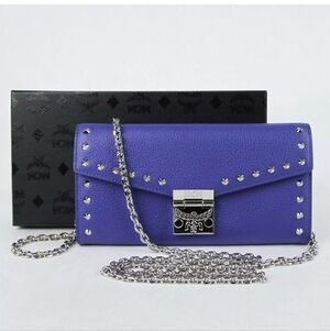 NWT MCM Spectrum Blue Leather Patricia Large Studded Chain Wallet!